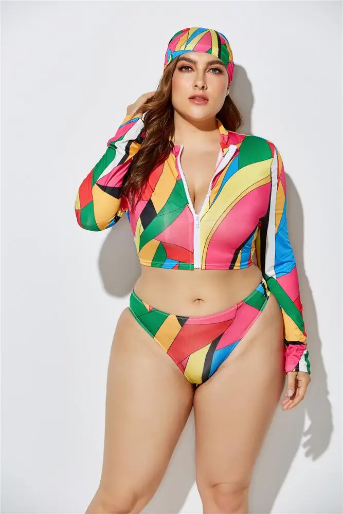 Plus Size Long Sleeve Sexy Bikini 3 Piece Swimwear Women
