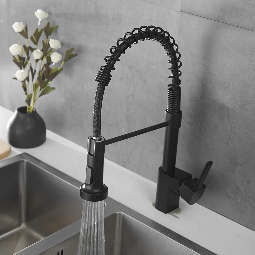  European Water Tap Spring Loaded Commercial Pull Out Black Brass Kitchen Sink Faucet With Down