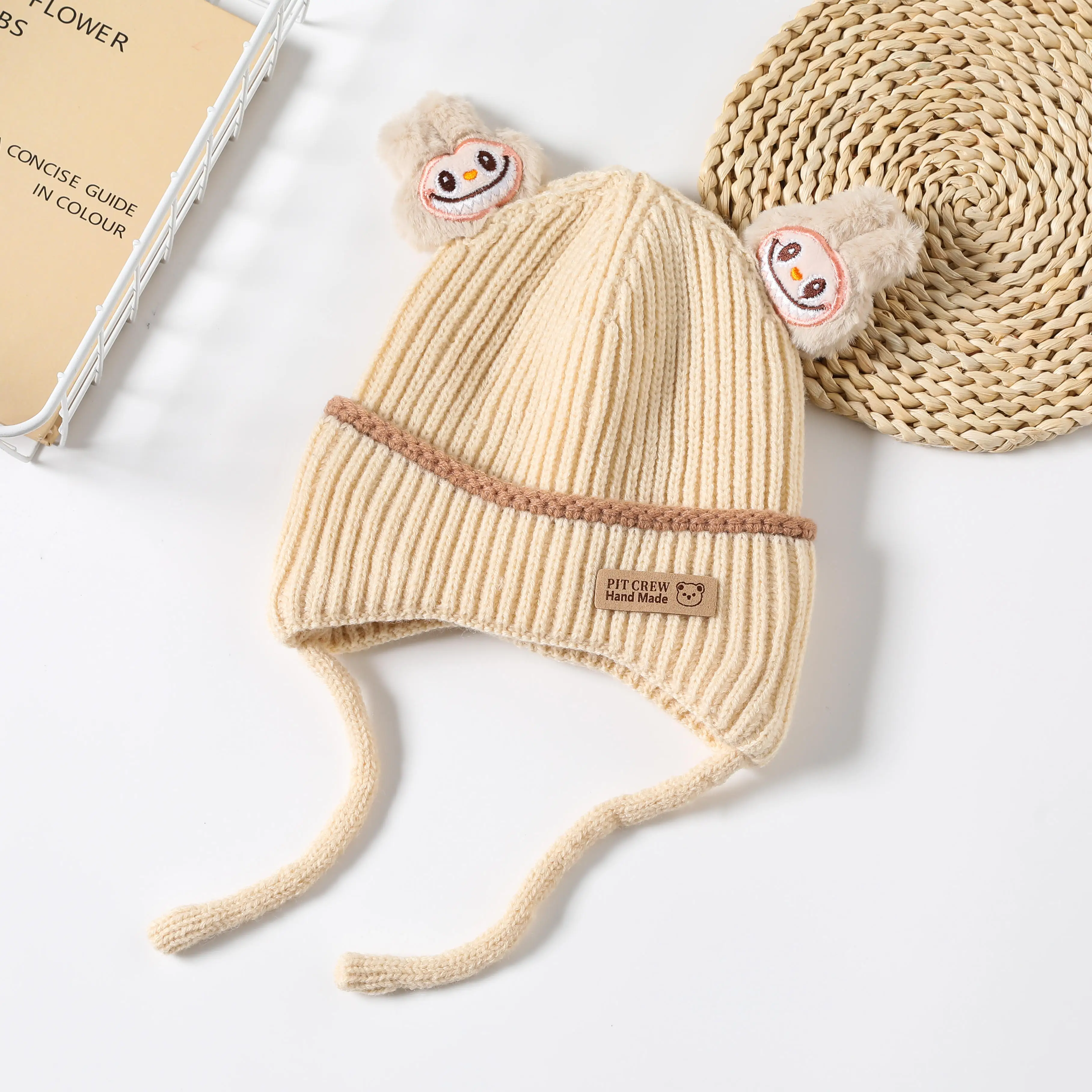 Fashion cute custom animal outdoor kids winter windproof bear children knitted beanie hats ear protection hat
