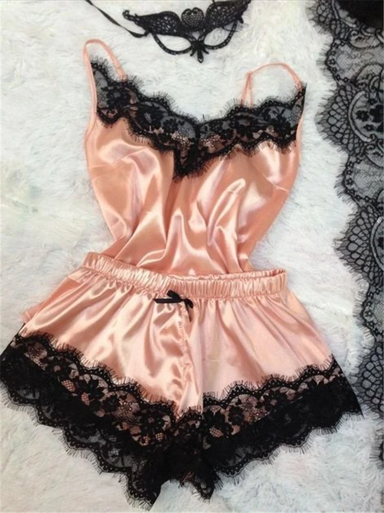 Hot Woman Sleepwear Spaghetti Strap Satin Silk Two Piece Nightwear Chemise Femme Cami Short Lace Pajamas Set
