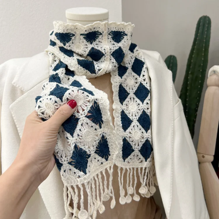 Женский вязаный крючком шарф ручной вязки белый кружевной шаль Модный летний хлопковый шарф-Макраме с кисточками для женщин