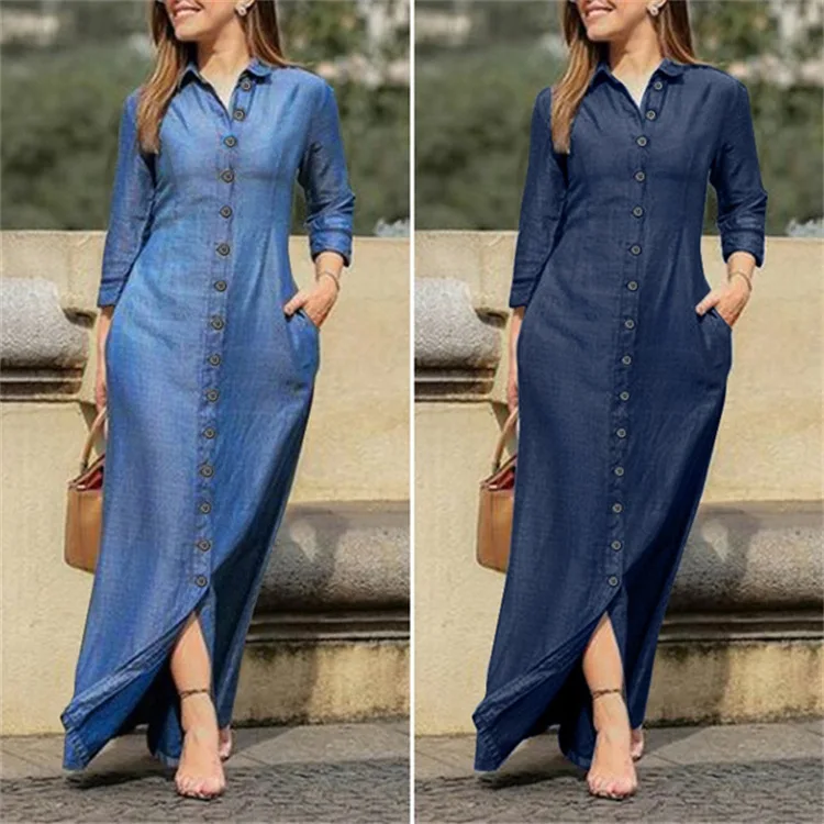 New Women Denim Shirt Dress Button Up Pocketed Maxi Dress Plus Size 5XL Female Casual Solid Long Dresses