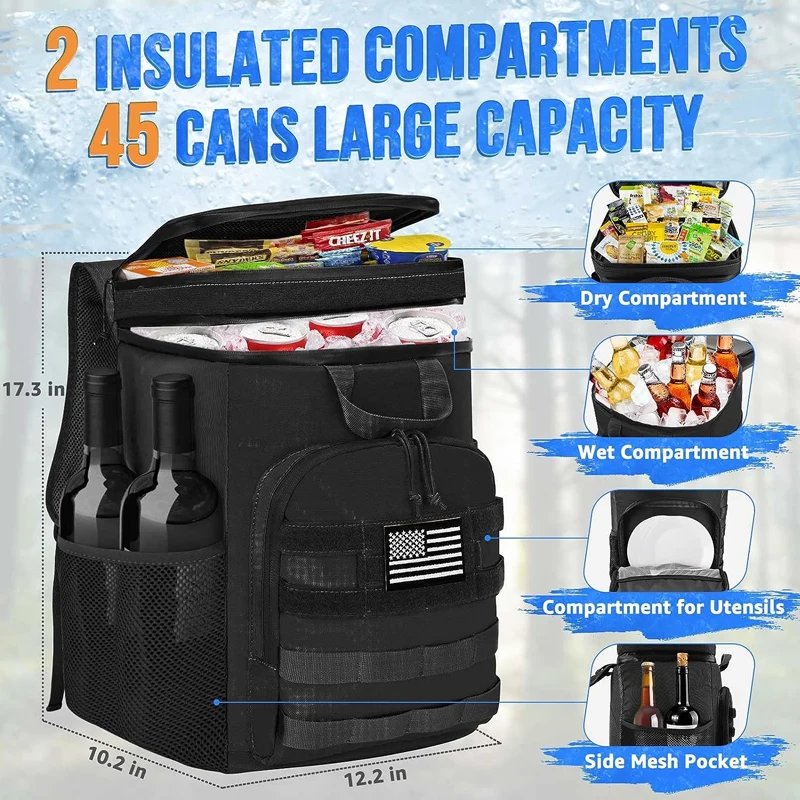 45 can tactical hiking camping lunch box soft leakproof insulated drink beer cooler backpack picnic bag with top handle