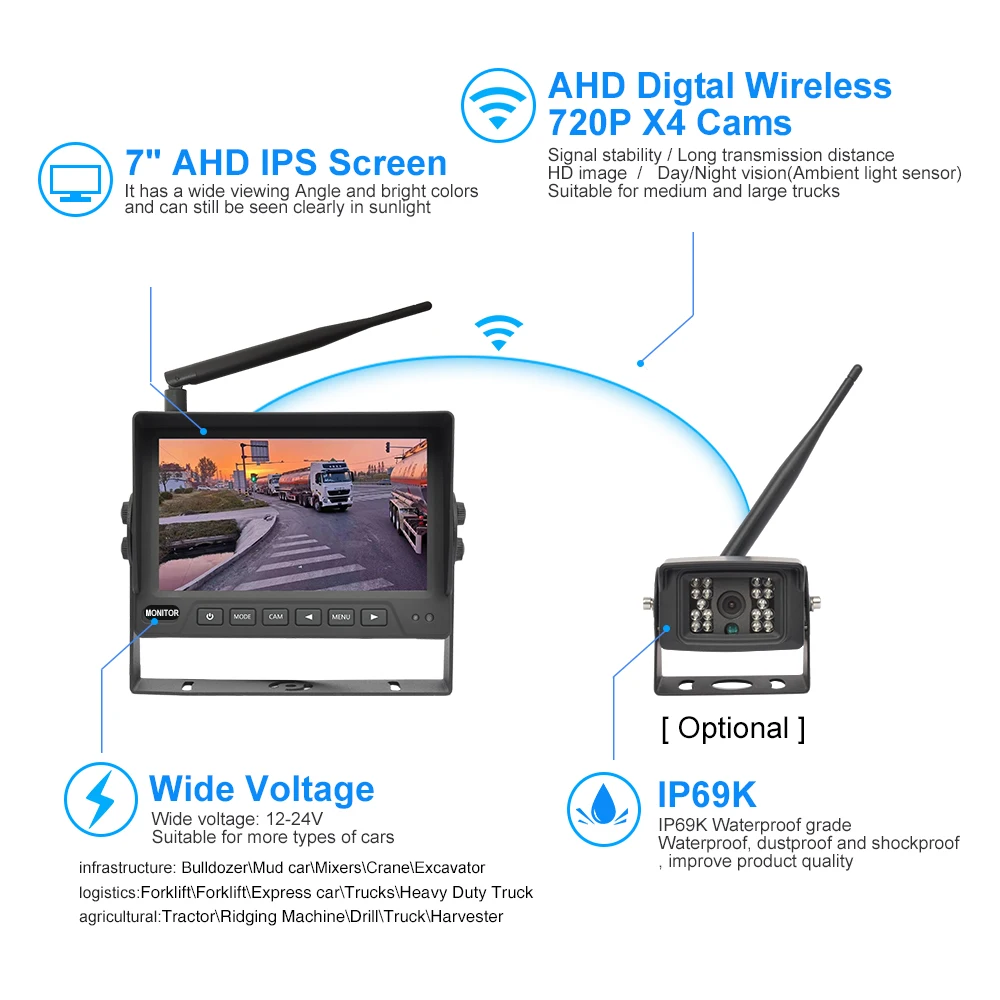 PJAUTO 7 inch 720P Wireless monitor Car reverse rear view backup Camera Monitor system for bus truck Reversing Aid