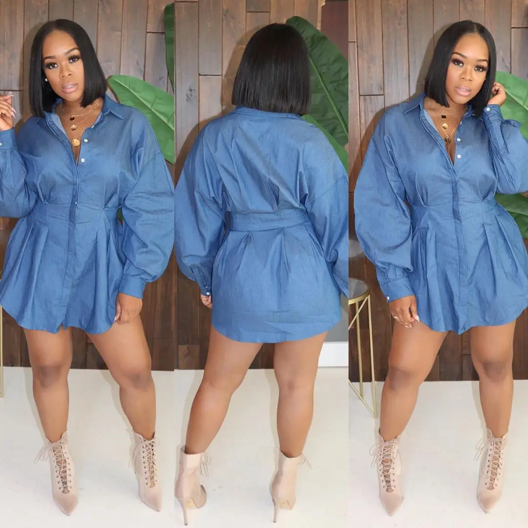 M8006 Wholesale 2021 fall casual dresses outfit ladies puff long sleeve loose blue jean denim dress women