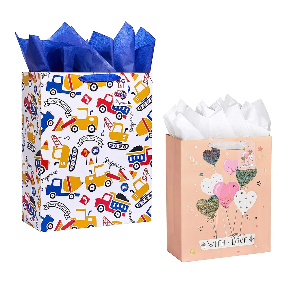 Custom High Quality Recycled Cartoon Kraft Cardboard Birthday Christmas Paper Gift Bag With Wrapping Tissue Paper party bags