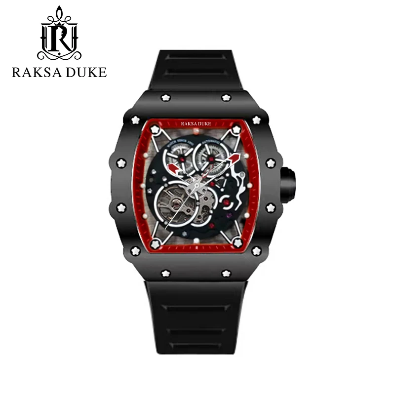 Fashion Sport Watch Rectangle Stainless Steel Case Silicone Strap Mechanical Men Watches