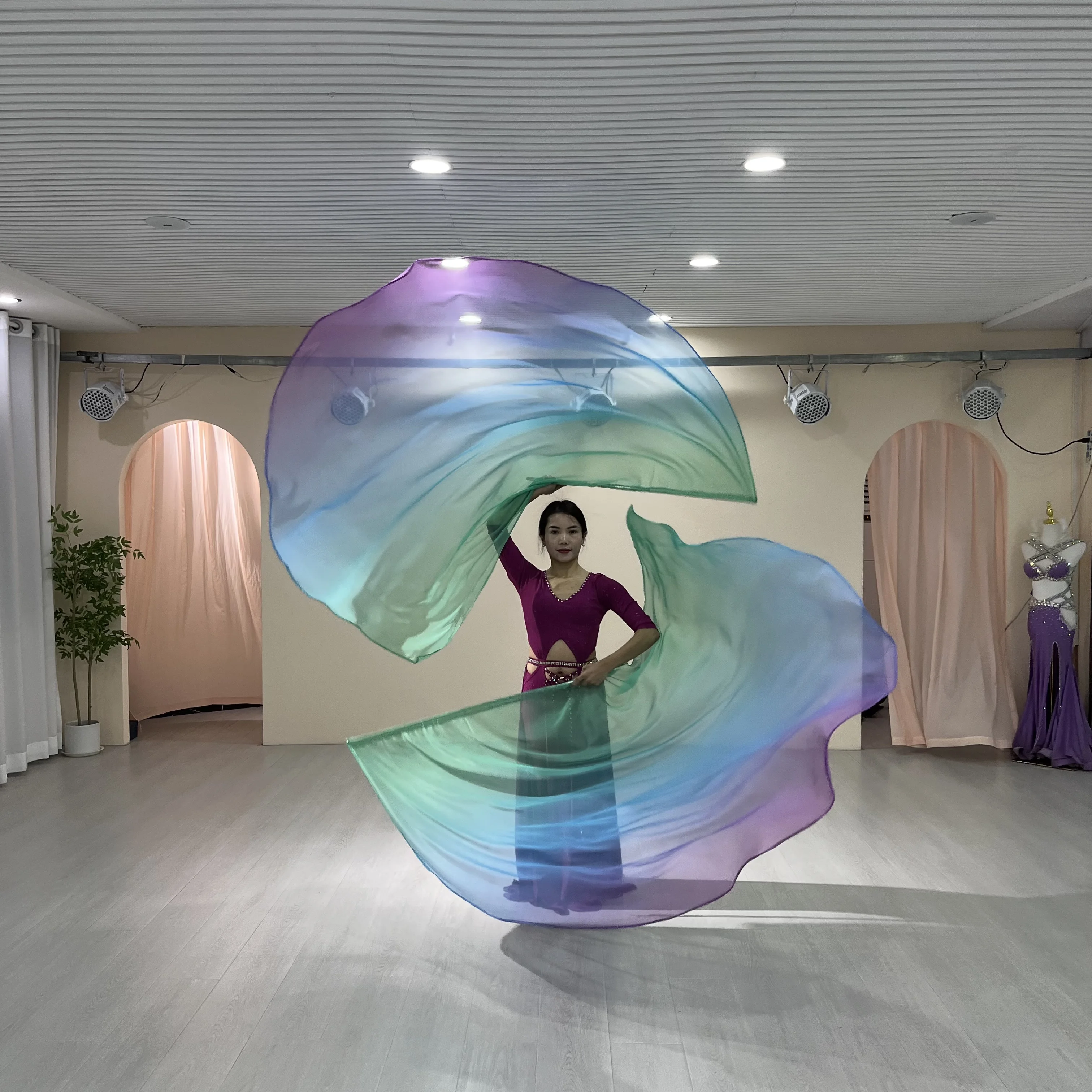 Women Performance Props Long Practice Fans Flag Chiffon Colorful Scarf Belly Dance Veil