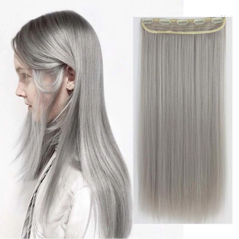 
Clip in One Piece Synthetic Hair Extension Long Straight Synthetic Black Gray Color Hairpieces  (1600242301016)