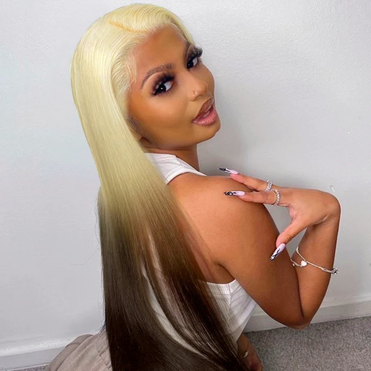 Forcuteu Malaysian Colored Long Silky Straight Swiss Transparent Lace Front Ombre 613 Chocolate Platinum Remy Human Hair Wig