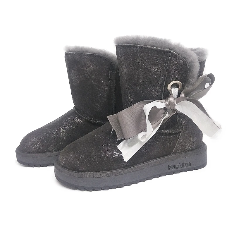 
Hot sale classic fashion bow tie cow leather upper sheepskin ankle boots women shoes 