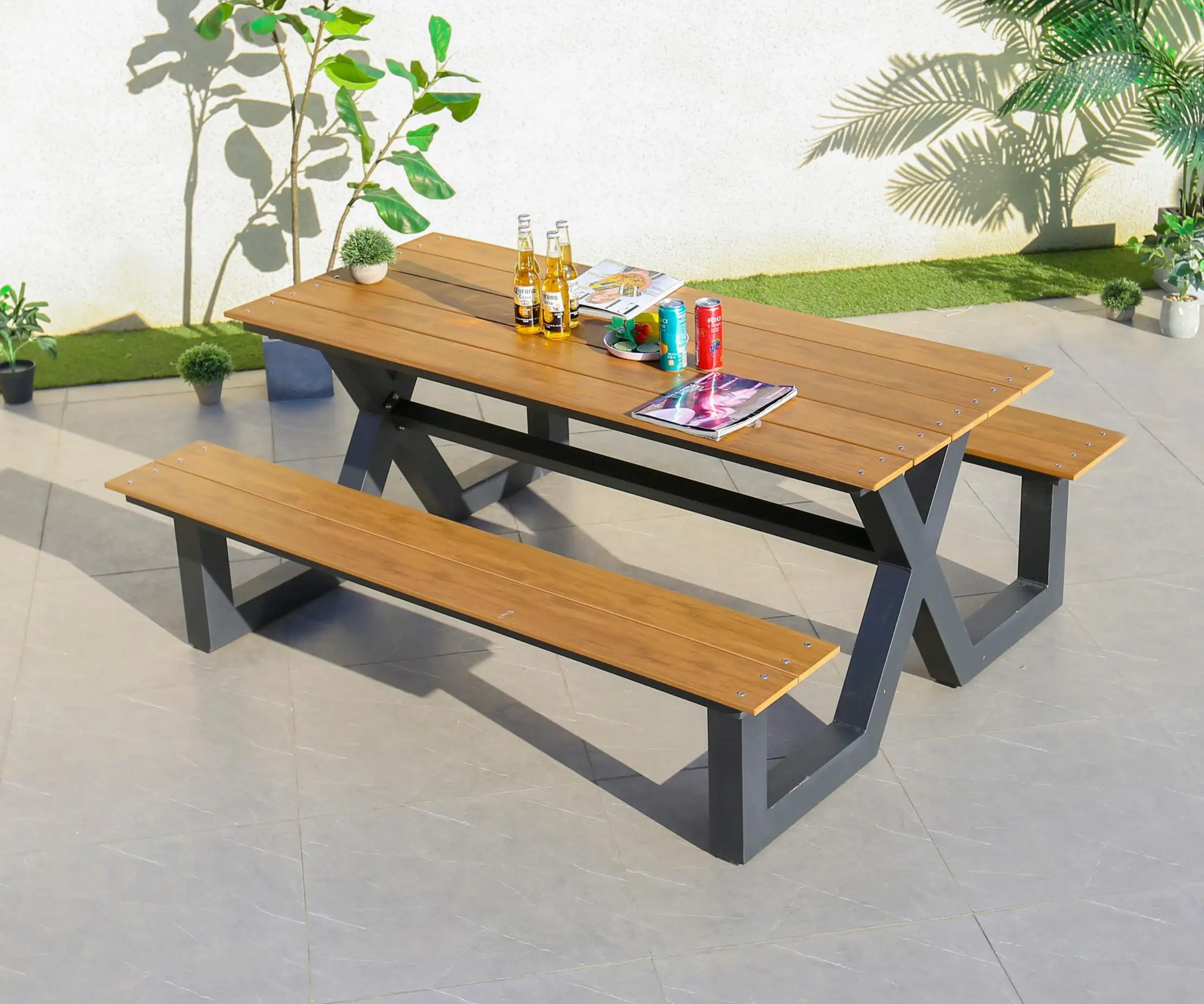 restaurant commercial mall public area WPC top aluminum frame waterproof strong outdoor dining area beer table chair set