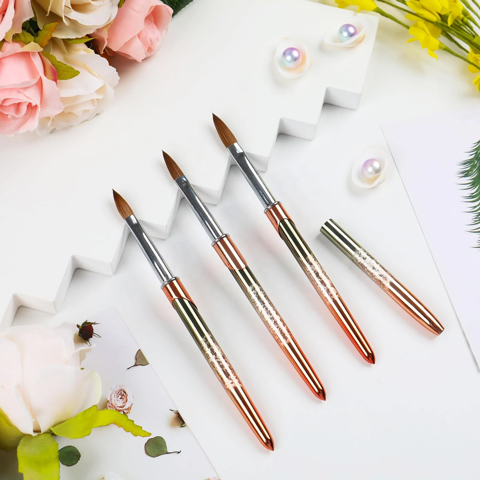 BQAN Top Quality Rose Gold Crimped Metal Handle Pure Kolinsky Acrylic Nail Brush Custom Logo