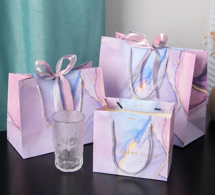Custom Logo Luxury Purple Pink Matte Printing High Quality Fashion Women Shopping Gift Handbag Tote Bag With Ribbon Bow