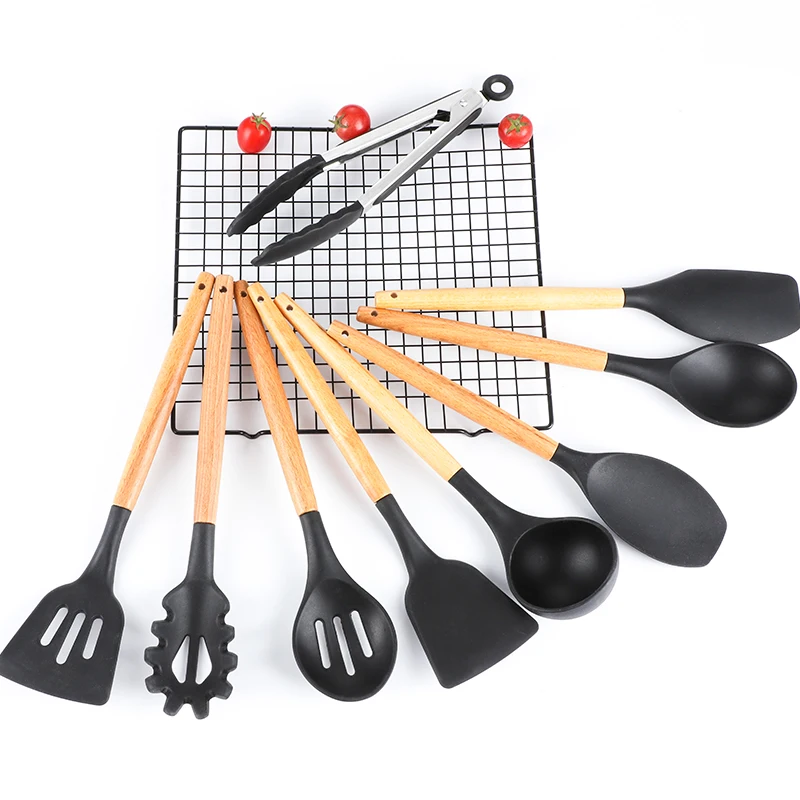 Hot sale high quality 11 piece silicone kitchenware with wooden handle 2 buyers