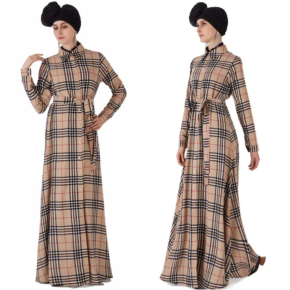 England Vintage Plaid Long Dress Abaya Muslim Women Classic Lapel Lace Up Single Breasted Long Plaid Dress Casual Abaya Dubai