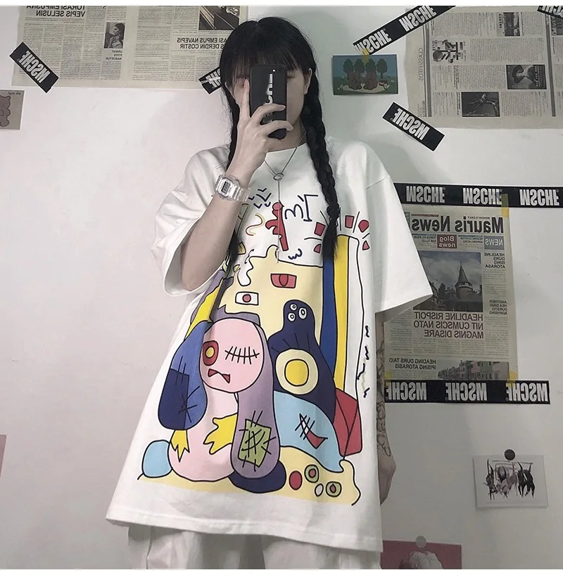 Korea fashion design loose casual cartoon printed girl t shirts ladies printed t shirts wholesale women t shirts OC351
