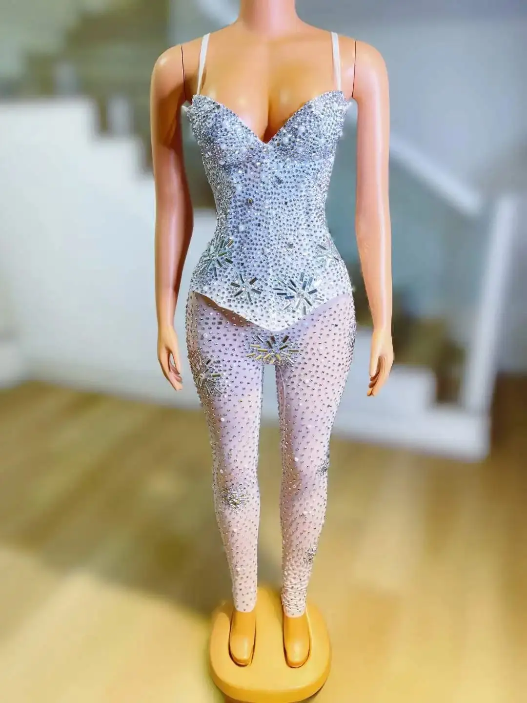 Jumpsuits Women Sparkly Rhinestone Stage Wear Singer Dancer Sexy Drag Queen Costumes S M L Romper Birthday Party Nightclub