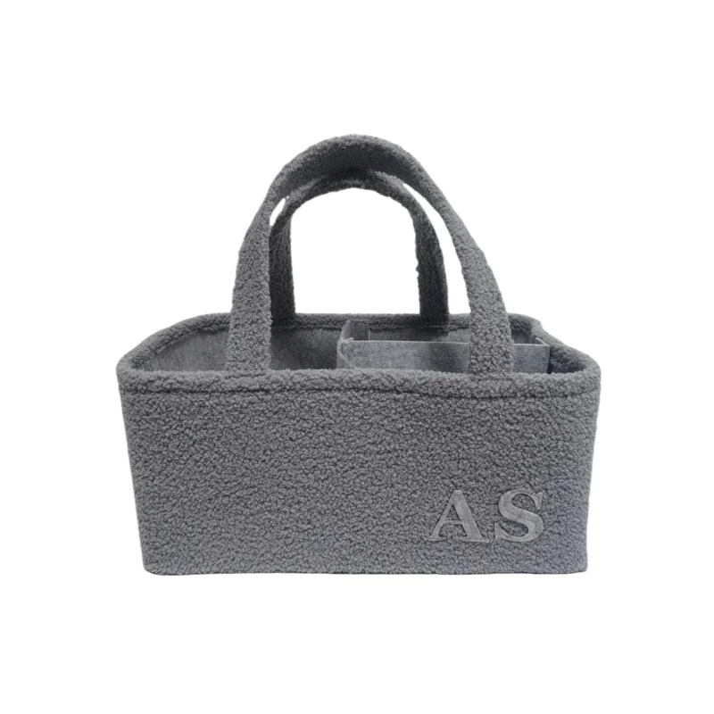 Felt Baby Diaper Caddy Organizer Nursery Storage Basket Baby Caddy Organizer with Handle Grey Teddy Sherpa