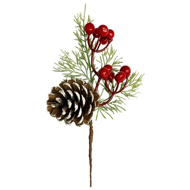 artificial pine needle branch red berry stem artificial pine spray  pick christmas pine picks christmas flower picks