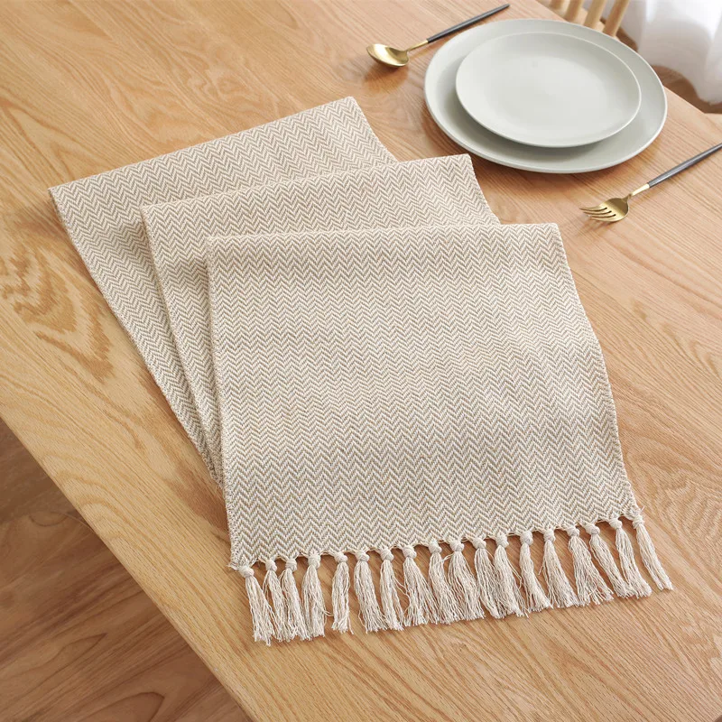 
OEM ODM Luxury Table Runner Nordic Embroidery Grid Cotton And Linen Tassel Round Party Waterproof Table Runner 