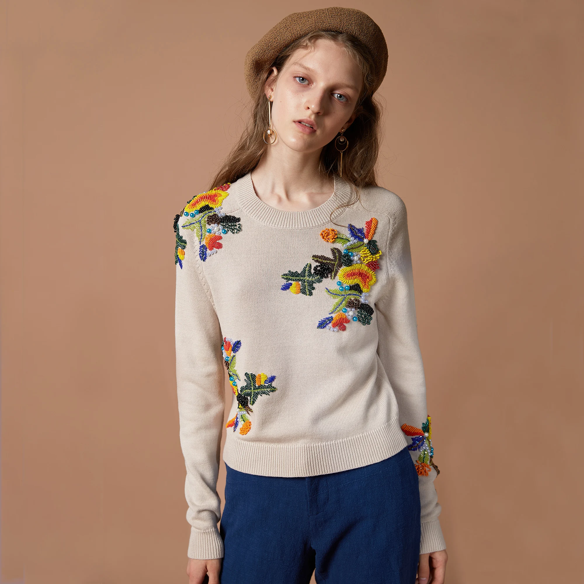 Женский свитер ручной работы с вышивкой бисером 20ALW091 пуловер с длинным рукавом вязаный свитер вязаная одежда