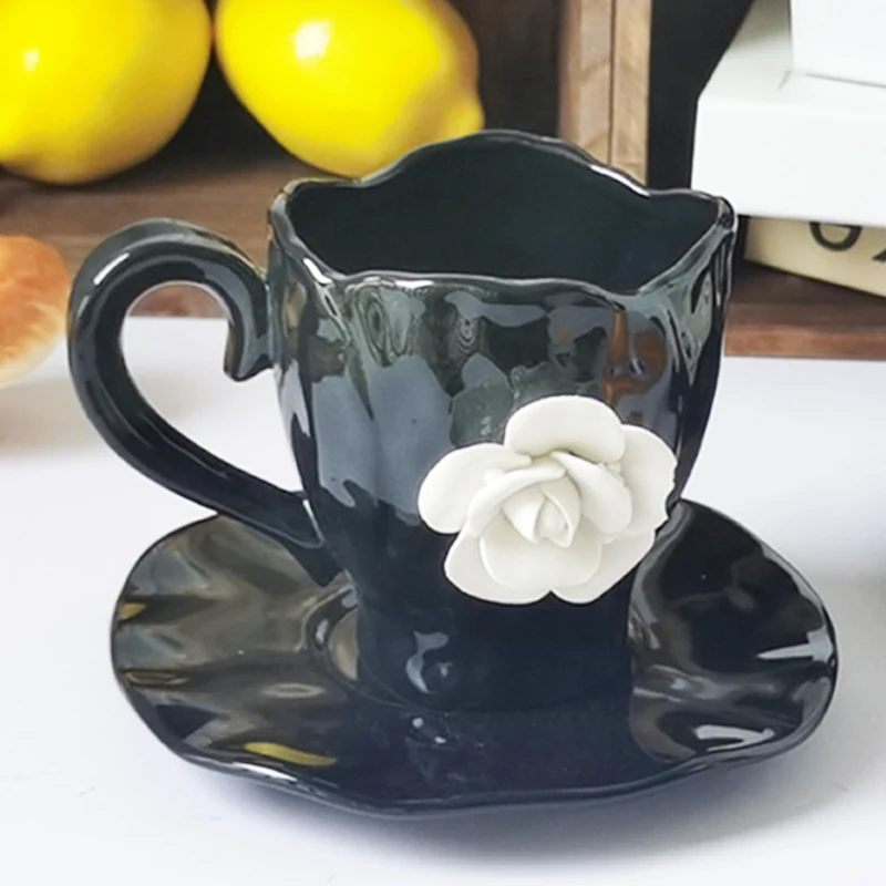 OEM/ODM Wholesale Dishwasher Safe  Black 3D Flower Mug  Ceramic Flora Luxury Camellia Coffee Mug Cup Set With Saucer Custom Logo