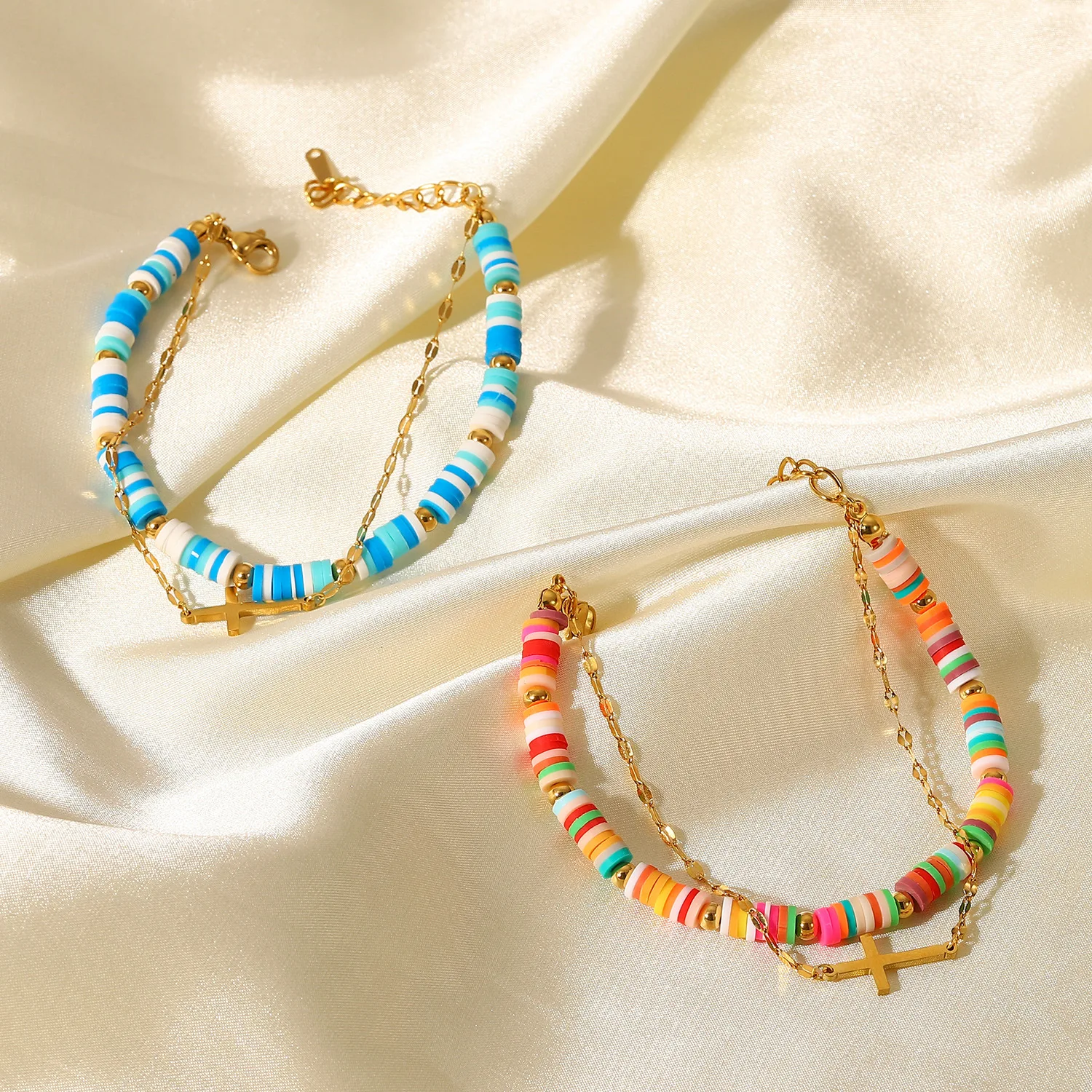 New Fashion 18K Gold Lovely Color Soft Ceramic Pink Blue Colourful  Double Chain Cross Zircon Beads Elements Bracelet For Women