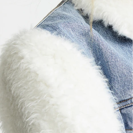 Ttop grade borg fur sleeves women jean jacket with fleece collar