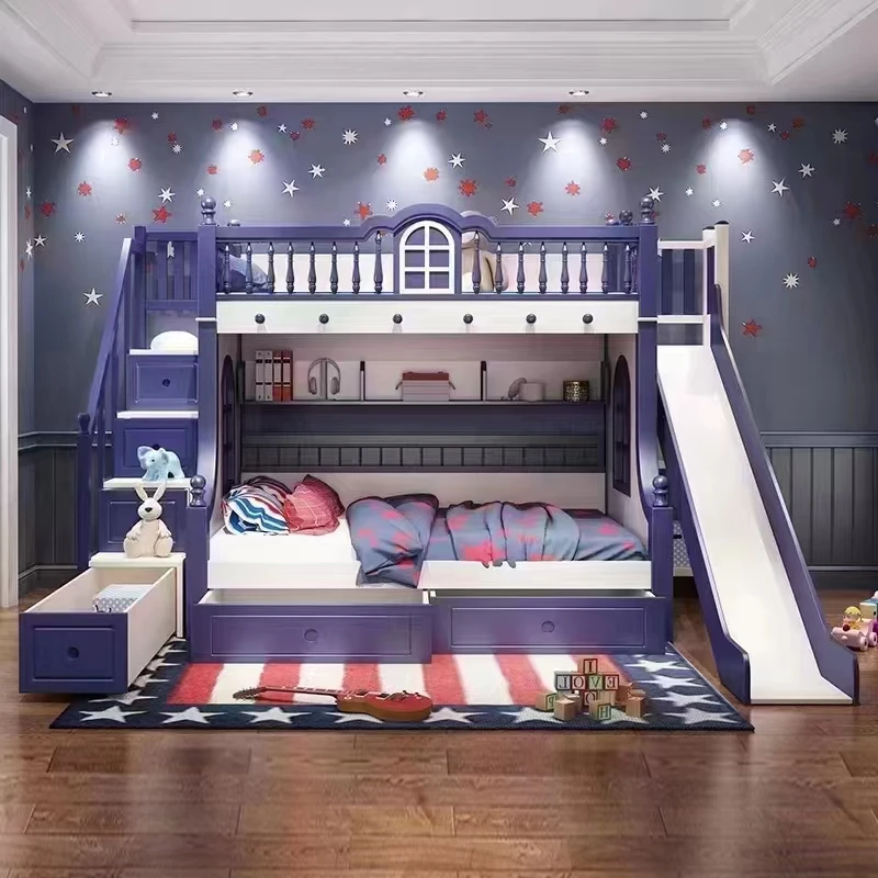 Children Bedroom Blue Boys Wood Bunk Beds Frame Twin Over Twin Size with Ladder
