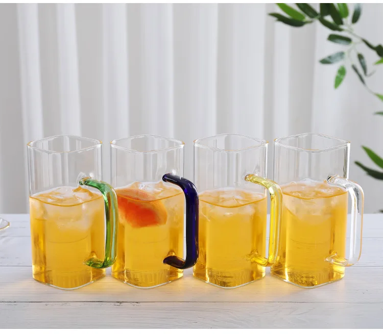 hot high borosilicate glass cup with colourful handle for milk juice water beer