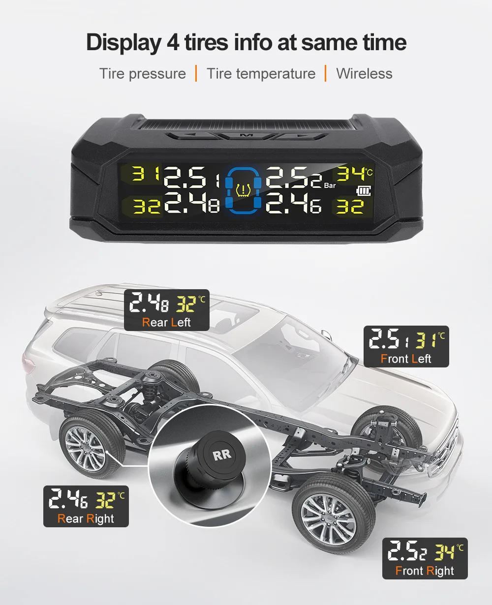 Car TPMS Tire Pressure Monitoring System Solar Charging HD Digital LCD Display Auto Alarms Wireless External Sensors TPMS