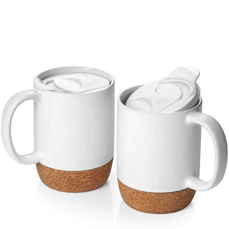 Office reusable sublimation 15oz matte black insulated ceramic coffee cork bottom travel mug with wooden cork base lid