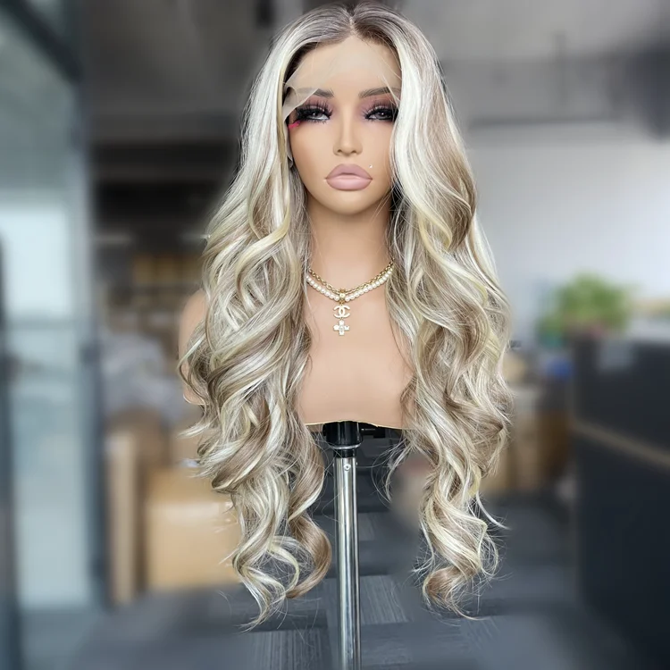 Long blonde wig Wave 13x4 heat resistant synthetic lace front wig curtain fringe