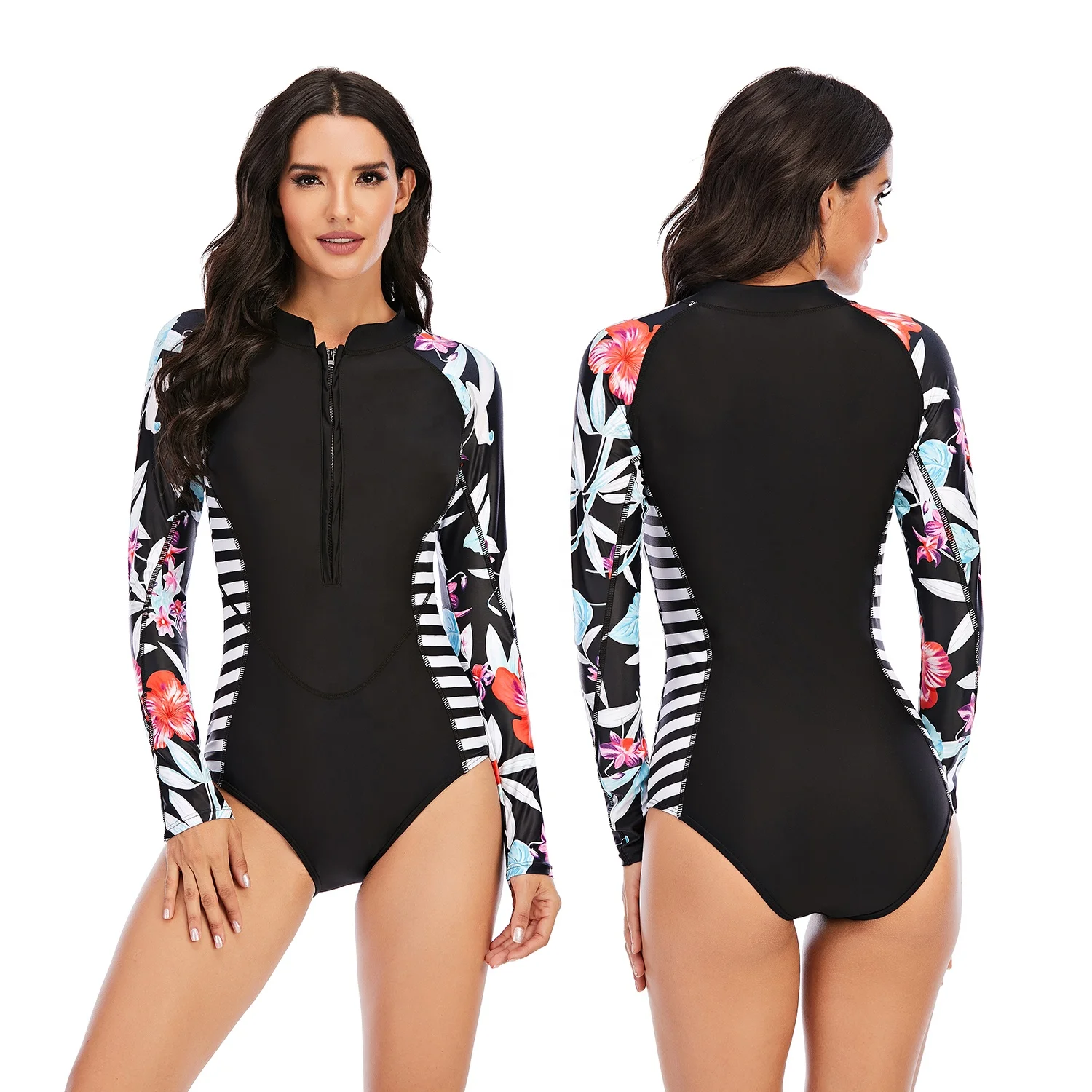 
AOSHILI wholesale American European unibody surfwear long sleeve zipper printed swimsuit manufacturers 