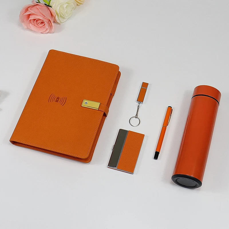 Wholesale orange gift sets 5 in 1  orange color Thermos cup gifts set Notebook USB Pen Drive Name Card Case Corporate Gift Set