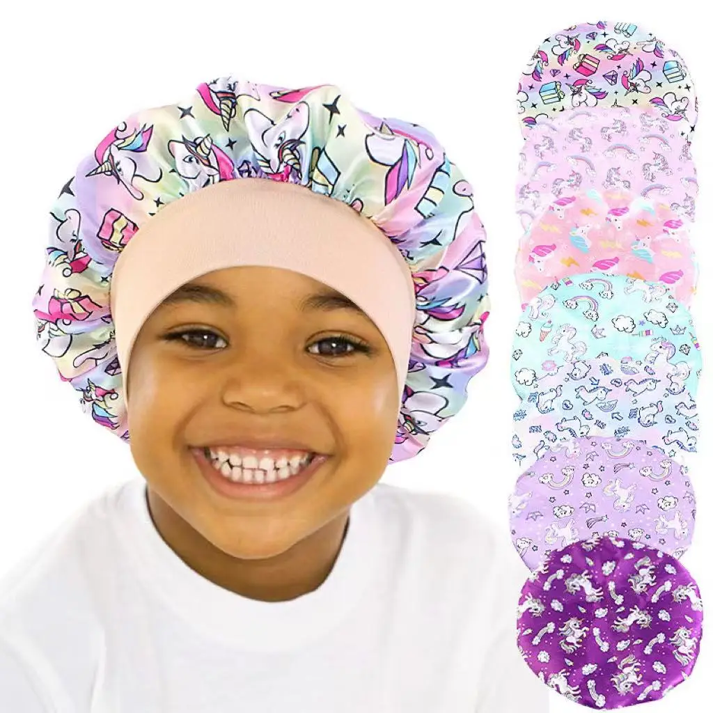Wholesale Custom Logo Hair Accessories Kids Children Baby Cartoon Stain Bonnet Lovely Girl Elastic Band Silky Bonnets For Kid