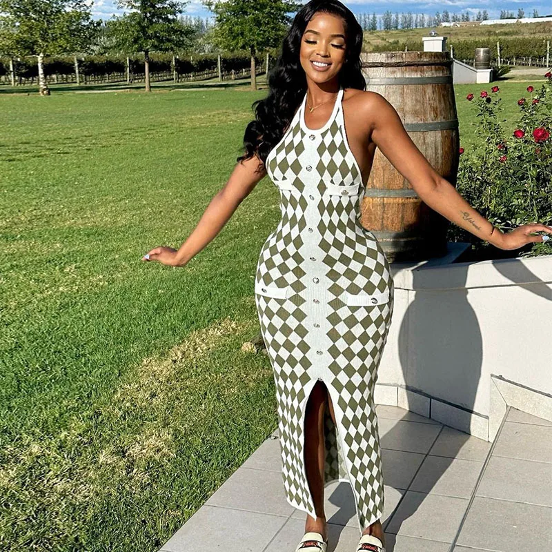 36130 Plaid Print Sleeveless Dresses Split Vintage Casual Women