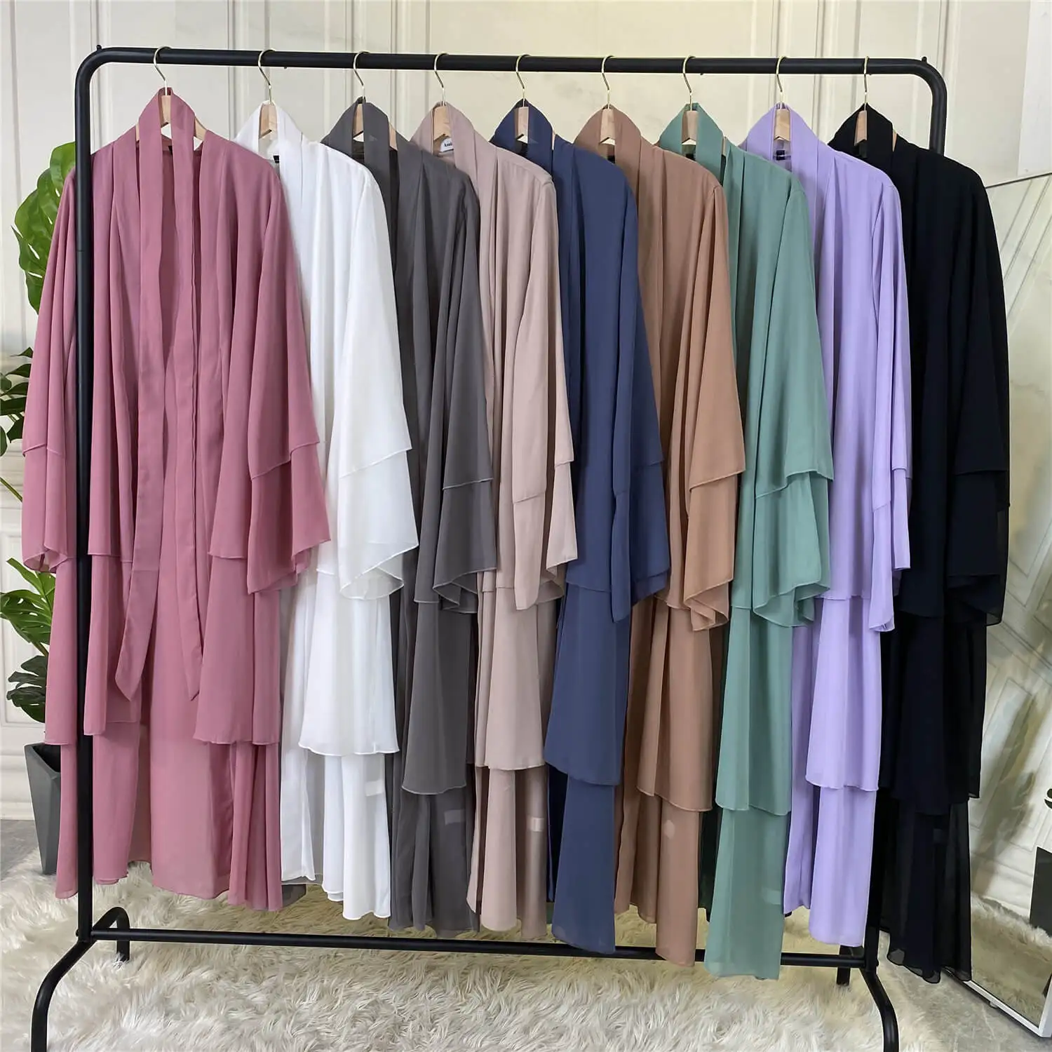 Eid Abaya Dubai Turkey Solid Color 3 Layer Chiffon Open Abaya Kimono Kaftan Cardigan Muslim Dresses For Women Islamic Clothing