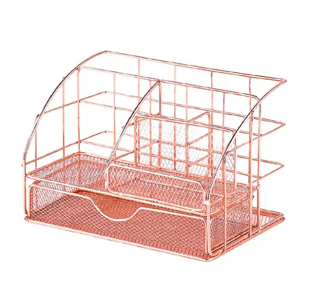Hot sale  Multi-functional Metal Office supplies Rose Gold Mesh Desk Organizer
