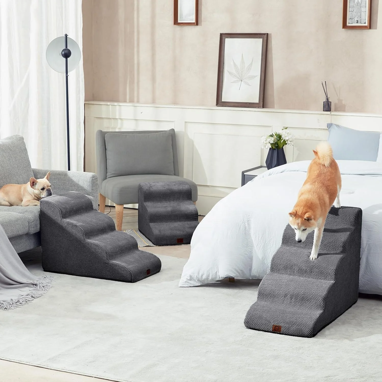 Curved Pet Dog Cat Stair Step for High Bed Coach Climbing Non-Slip Balanced Ramp Indoor Grey with Washable High Density Foam