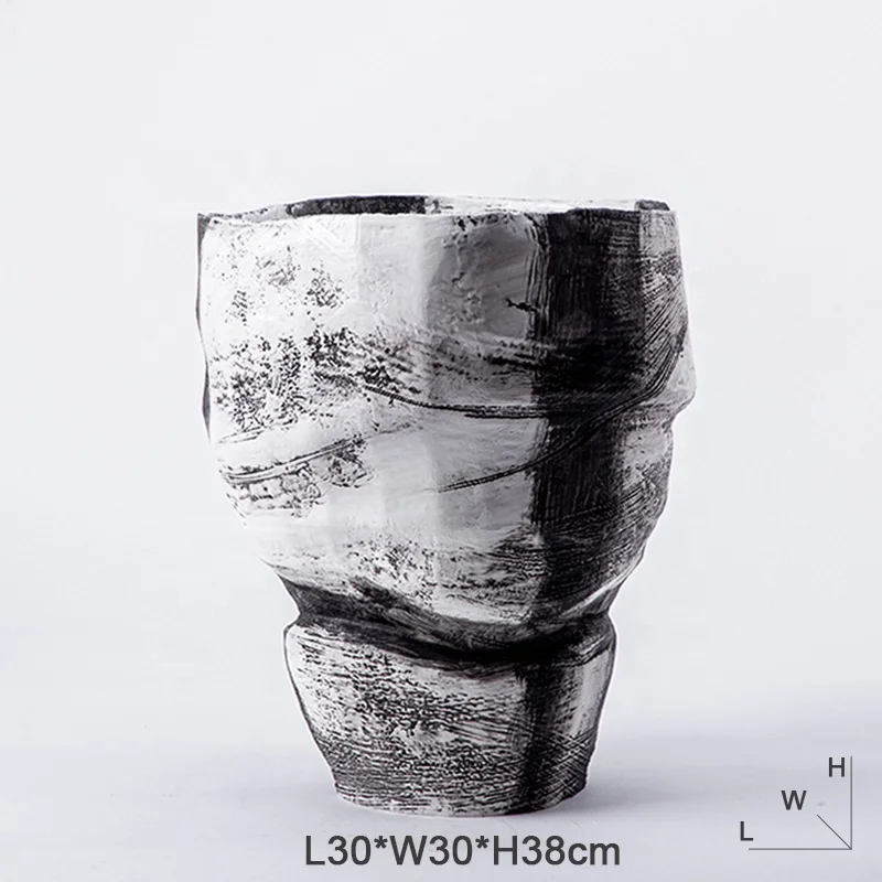 Chinese Style Collection White and Black Ink Rhyme Flower Vase Hotel Lobby Console Table Desktop Interior Decorative Accessories