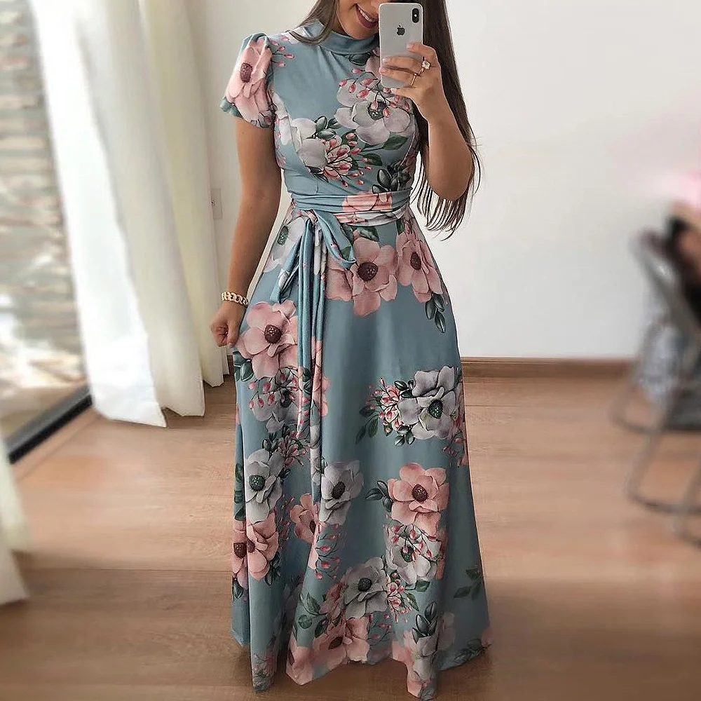 Women Summer Casual Long Skirt Sets Boho Floral Print Maxi Dress Turtleneck Bandage Elegant Dresses