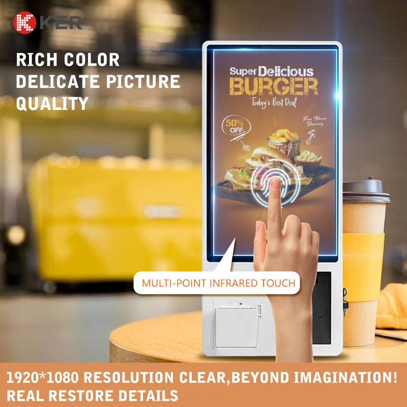 Fast Food Restaurant 32 Inch wall mounted All In One Touch Self Service Payment Ordering Kiosk