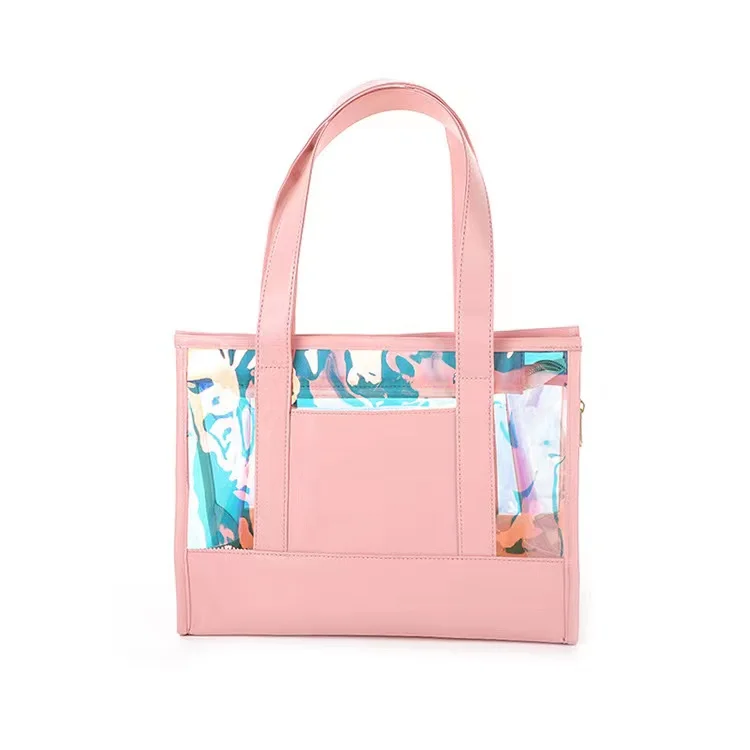 WR Custom Pvc Holographic Transparent Plastic Clear Shopping Beach Tote Bag with Logo Print Fast delivery