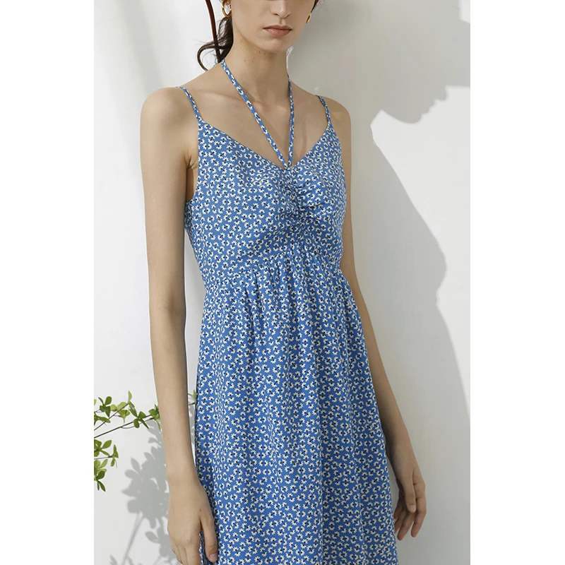 HISOKEY summer fresh small floral original V-neck tie high waist suspender long skirt vacation bohemian dress clothing