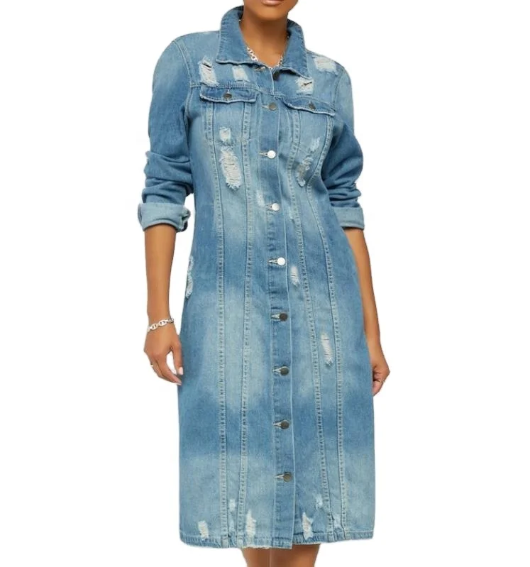 Wholesale Denim Long Trench Coat Street Style Ripped Denim Jacket for Women Long Sleeve Hollow Out Tassel Long Denim Coat