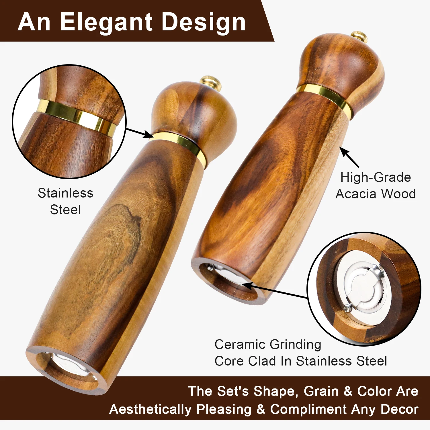 Manual Pepper Mills Salt and Pepper Grinder Acacia Wood Wooden Pepper and Salt Mill with Adjustable Coarseness for Home Cooks