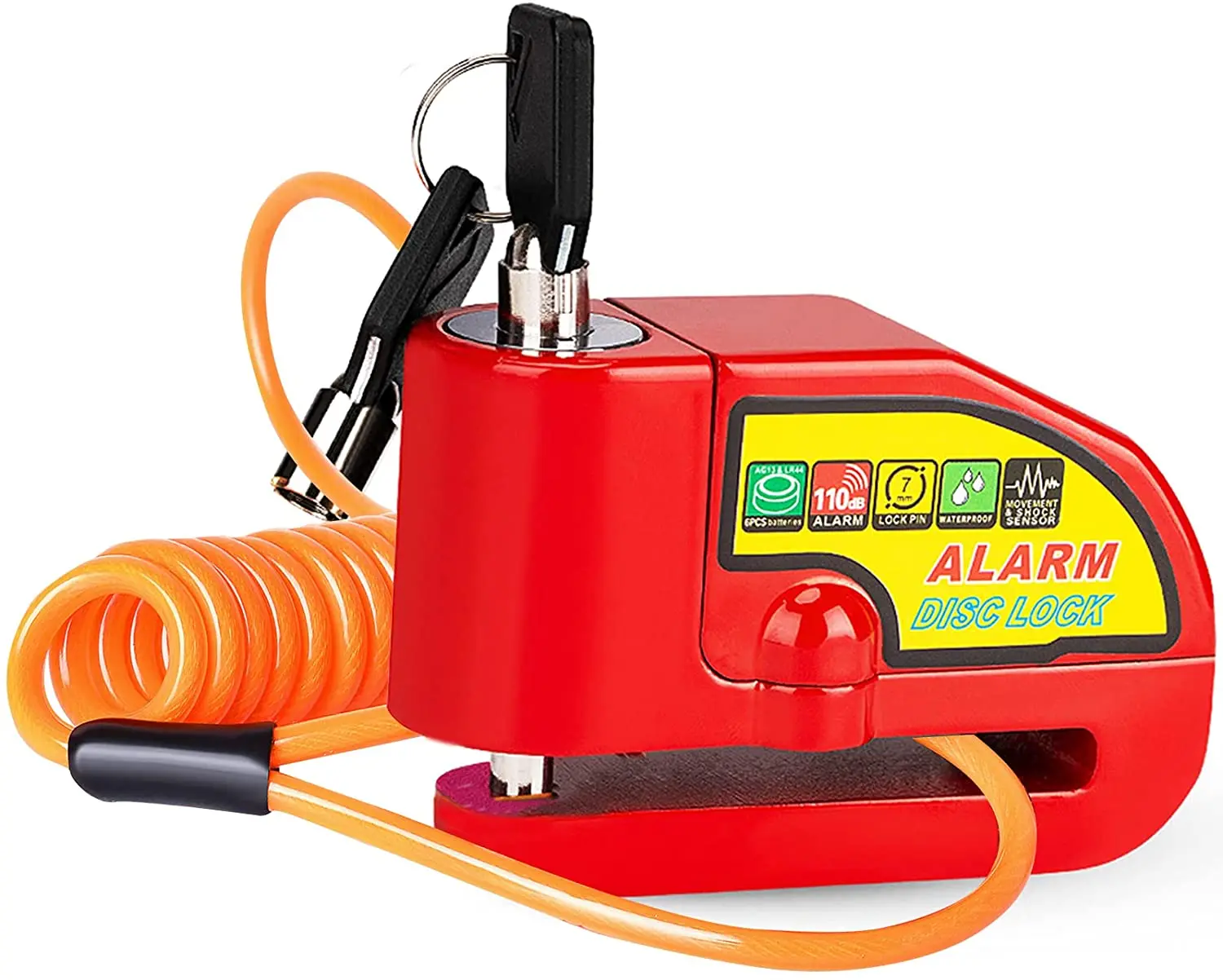 Motorcycle Alarm Disc Lock Anti-Theft Security Lock Waterproof 110dB Alarm Sound with 5ft Reminder Cable Keys &