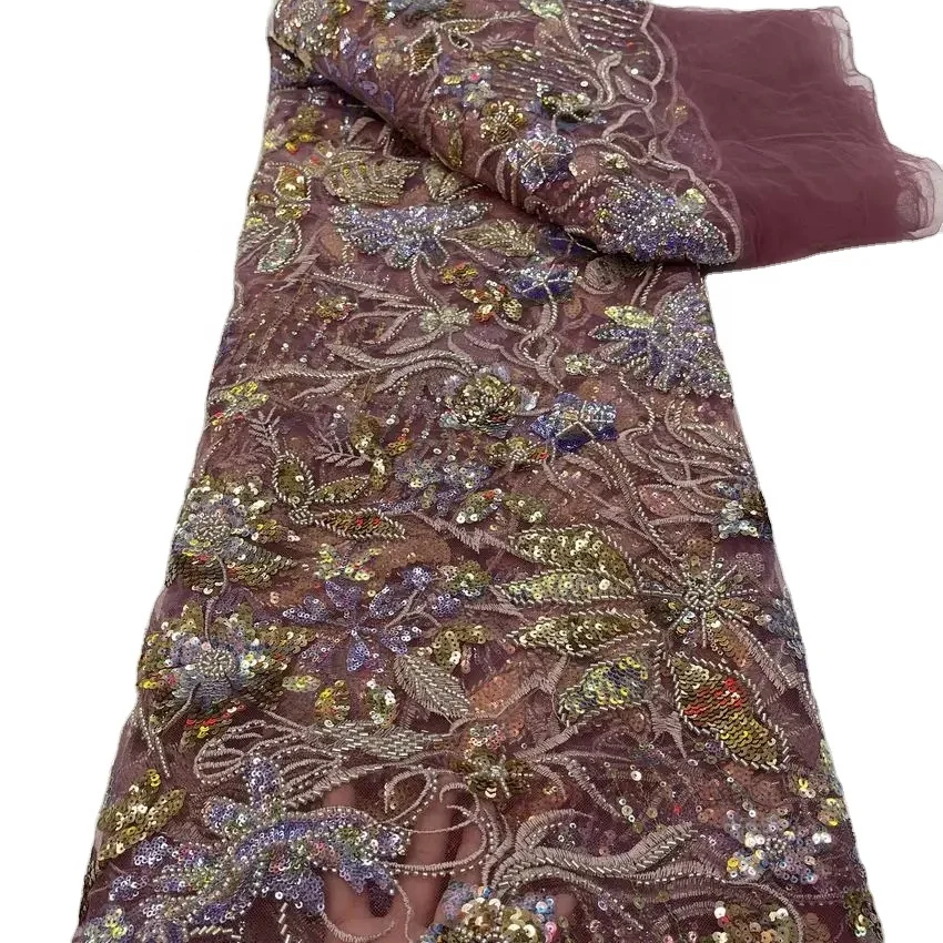 2024 hot selling bridal dress fabric heavy beaded embroidery fabric with colorful sequin lace fabric for ladies dress